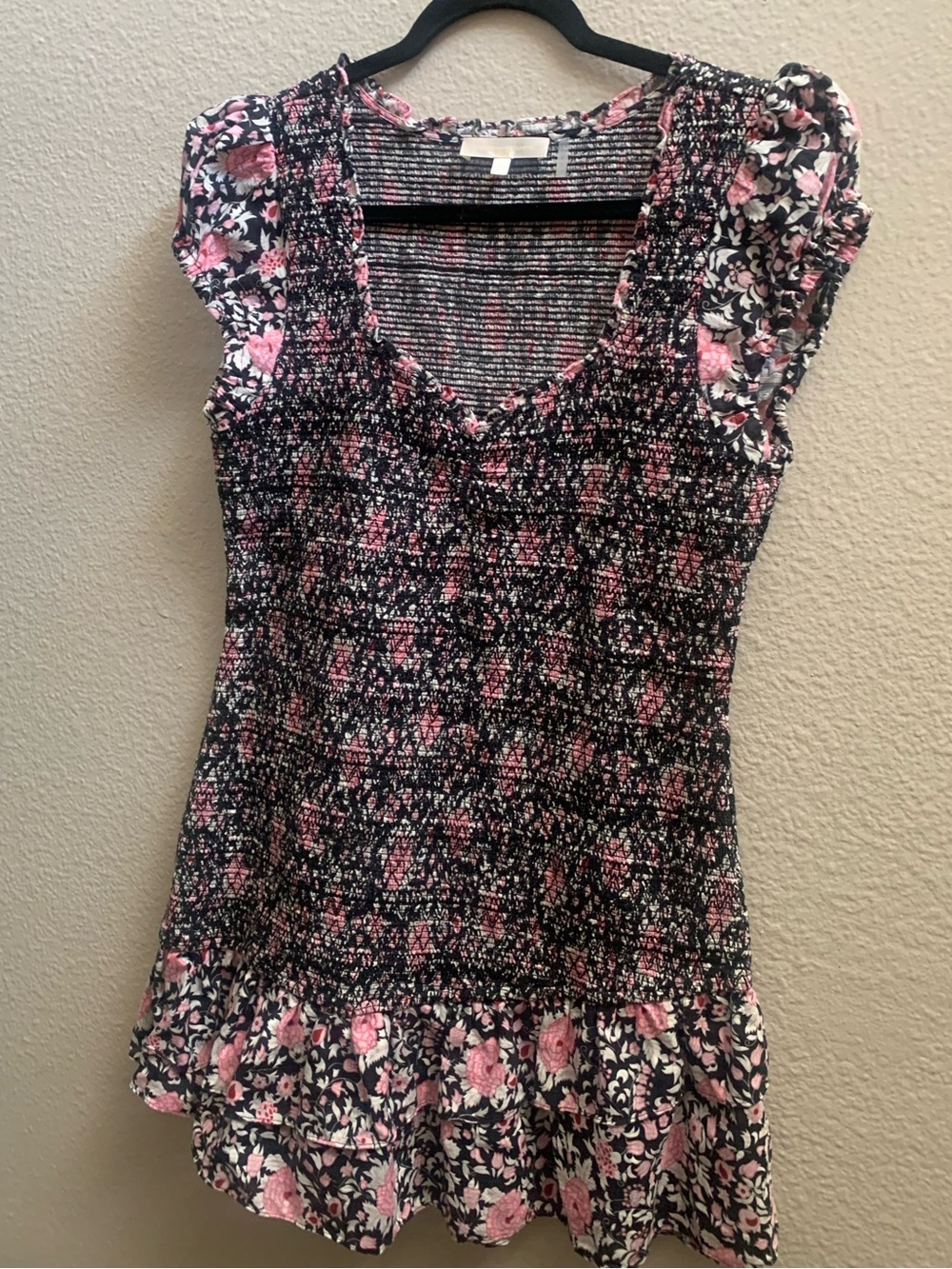 LoveShackFancy Black and Pink Floral Smocked Ruffle Tunic